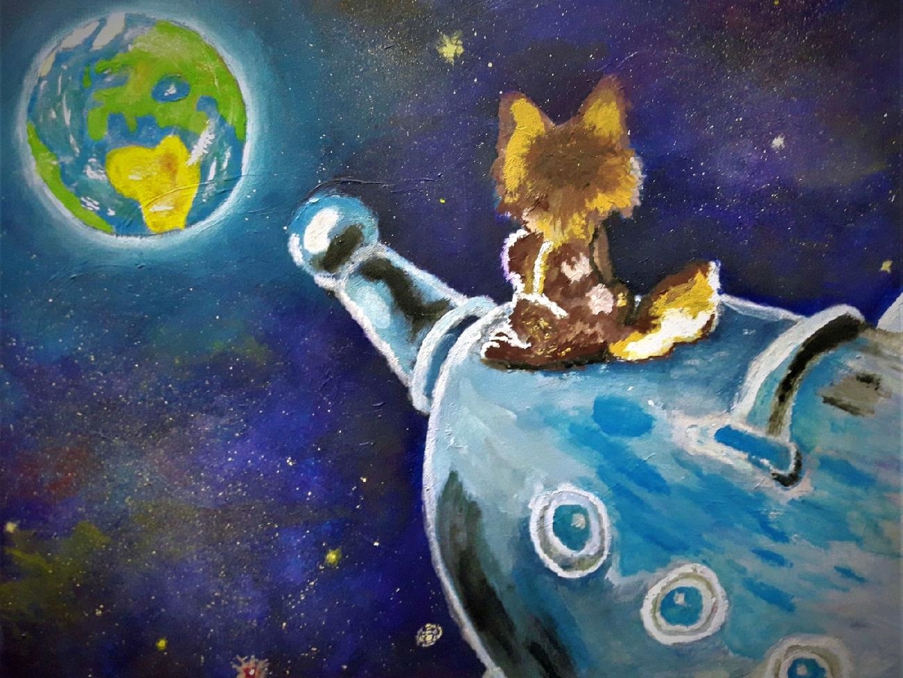 Ein Hund sitzt im Weltall auf einer Rakete mit Blick zur Erde 