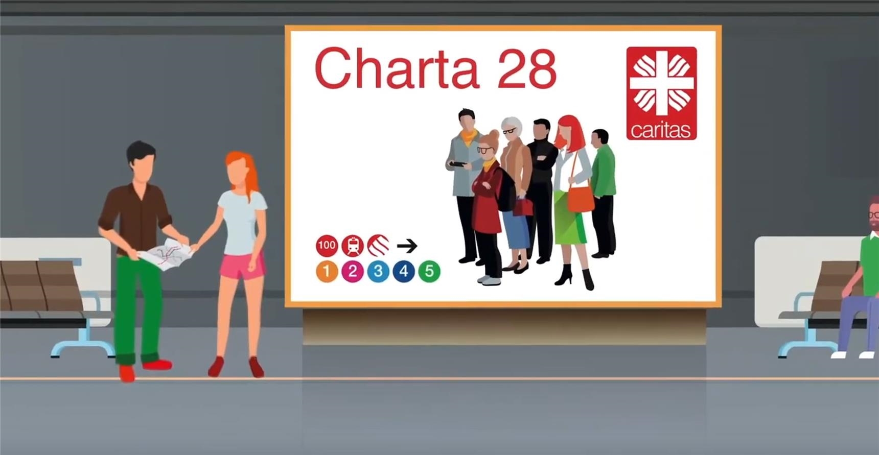 Anzeigetafel mit Menschen und dem Text charta 28