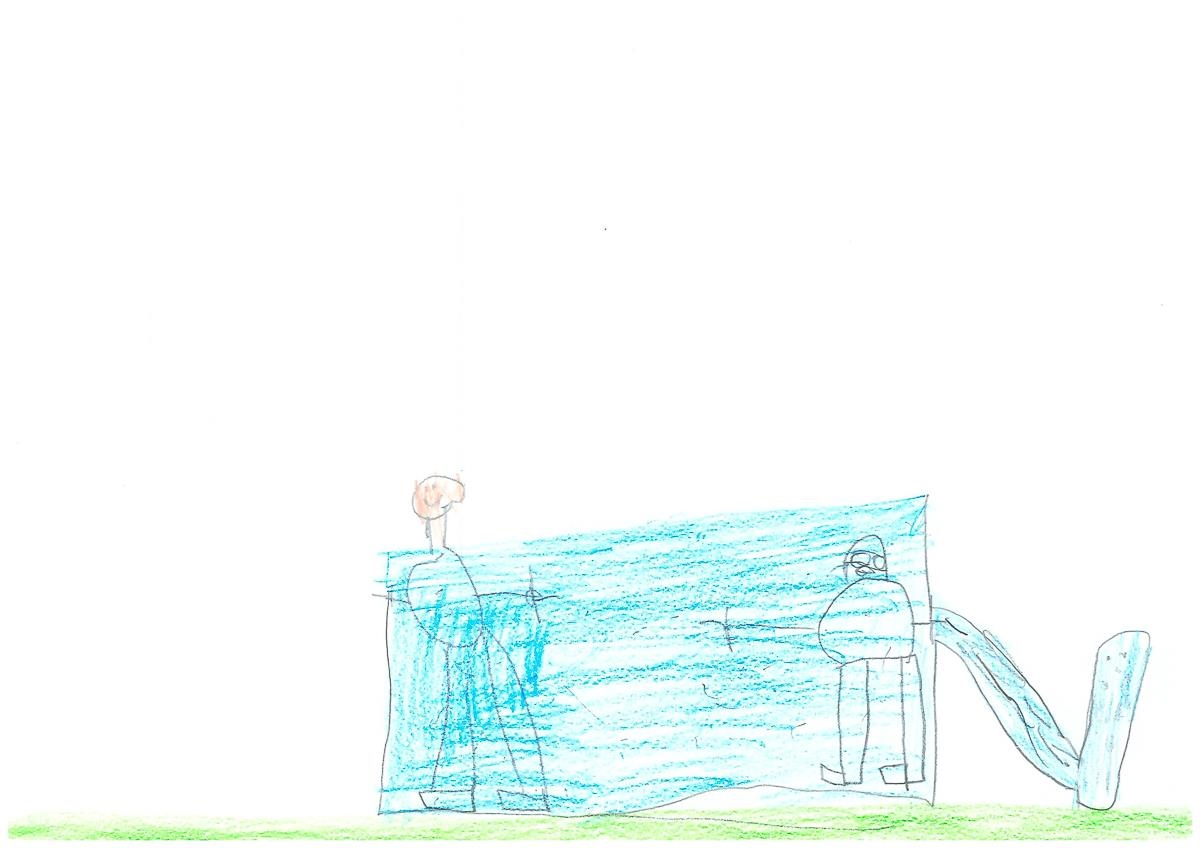 Kinderzeichnung von 2 Menschen in einem Planschbecken, welches auf einer Wiese steht (AGkE)