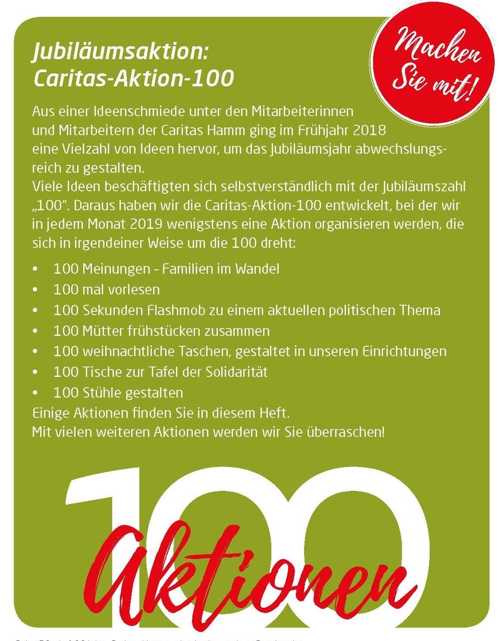Weiße 100 mit rotem Schriftzug Aktionen (Caritas Hamm)