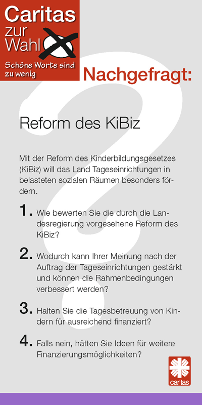 Fragekarte 04 der Check-Karten für den Caritas-Kandidaten-Check zur Kommunalwahl 2014 mit dem Thema Reform des KiBiz (Caritas in NRW)