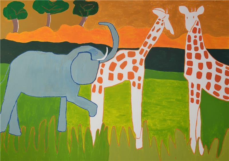 001 - Surekha Morian - Zwei Giraffen und ein Elefant - 150 x 210 (Caritas Konstanz)