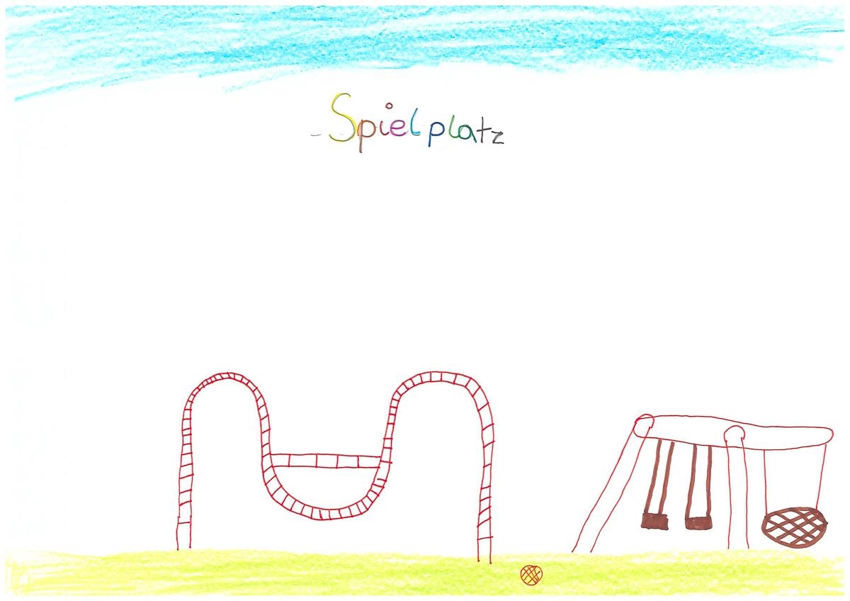 Kinderzeichnung eines Spielplatzes mit Klettergerüst und Schaukel (AGkE)