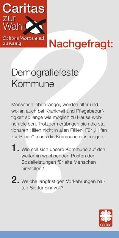 Fragekarte 32 der Check-Karten für den Caritas-Kandidaten-Check zur Kommunalwahl 2014 mit dem Thema Demografiefeste Kommune (Caritas in NRW)