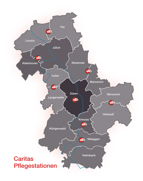 Kreiskarte der 8 Caritas-Pflegestationen (Lehwald/Caritas)