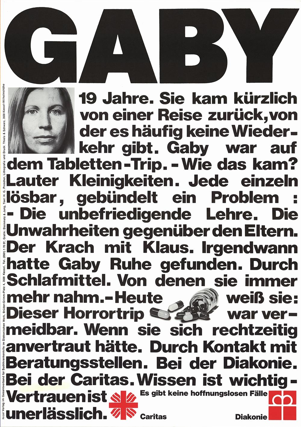 Gaby. Poster der Drogenberatung der Caritas (1978) (Deutscher Caritasverband e. V.)
