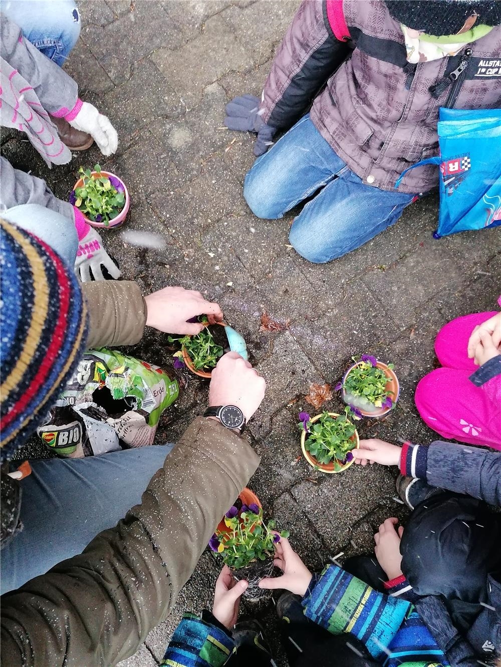 Kinder stellen Pflanzkörbe auf die Erde (Kinderstiftung Ulm/Donau-Iller)