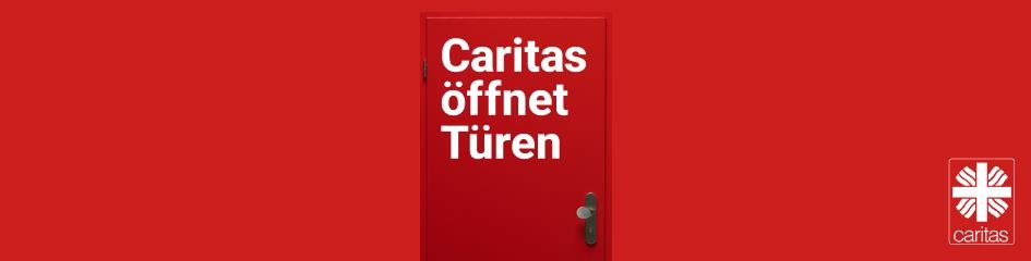 Caritas öffnet Türen - Tür-Bild quer mit Logo