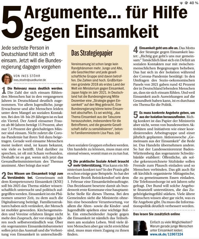 Bild eines Südkurier-Artikels zum Thema Einsamkeit