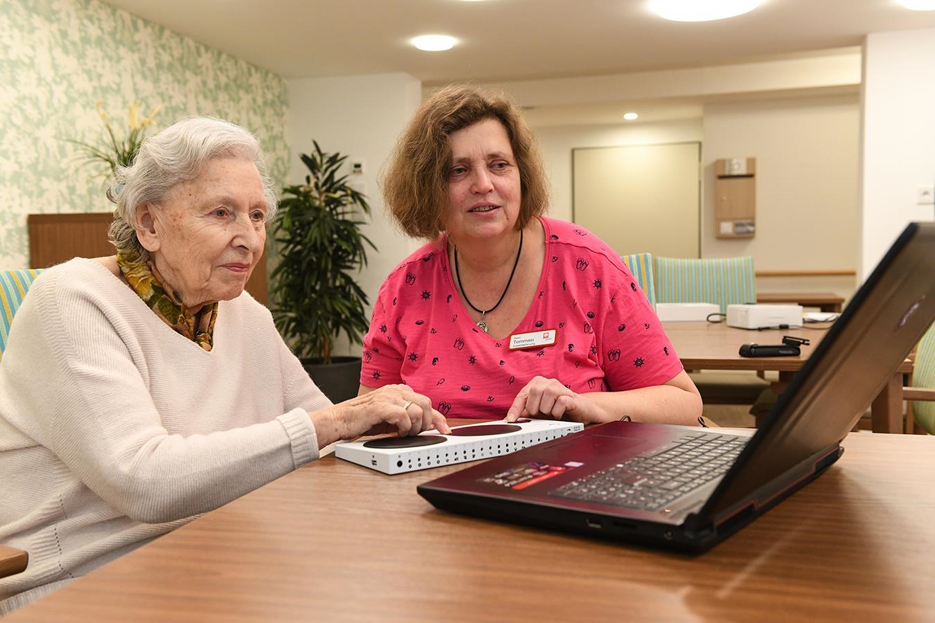 ältere Dame mit Begleiterin am Computer
