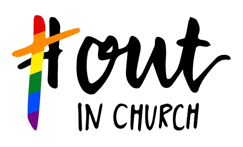 Eine Raute neben dem Text: Out in Church, für eine Kirche ohne Angst. Das ist das Logo der Initiative. 