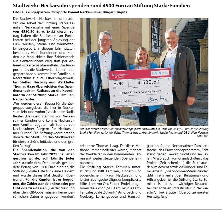 Spendenübergabe der Stadtwerke Neckarsulm