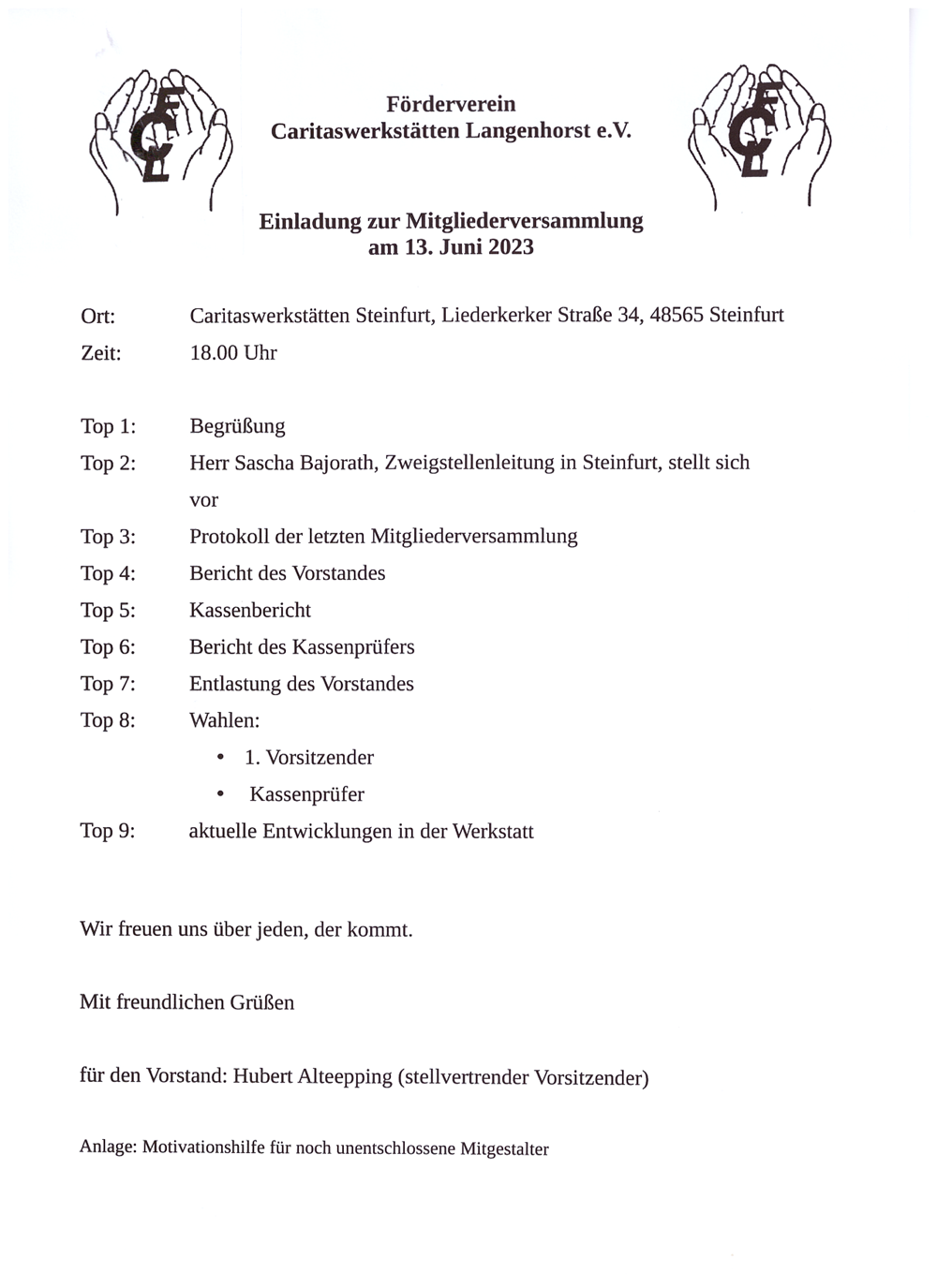 Einladung zur Mitgliederversammlung am 13.06.2023 Förderverein Caritaswerkstätten Langenhorst e.V.