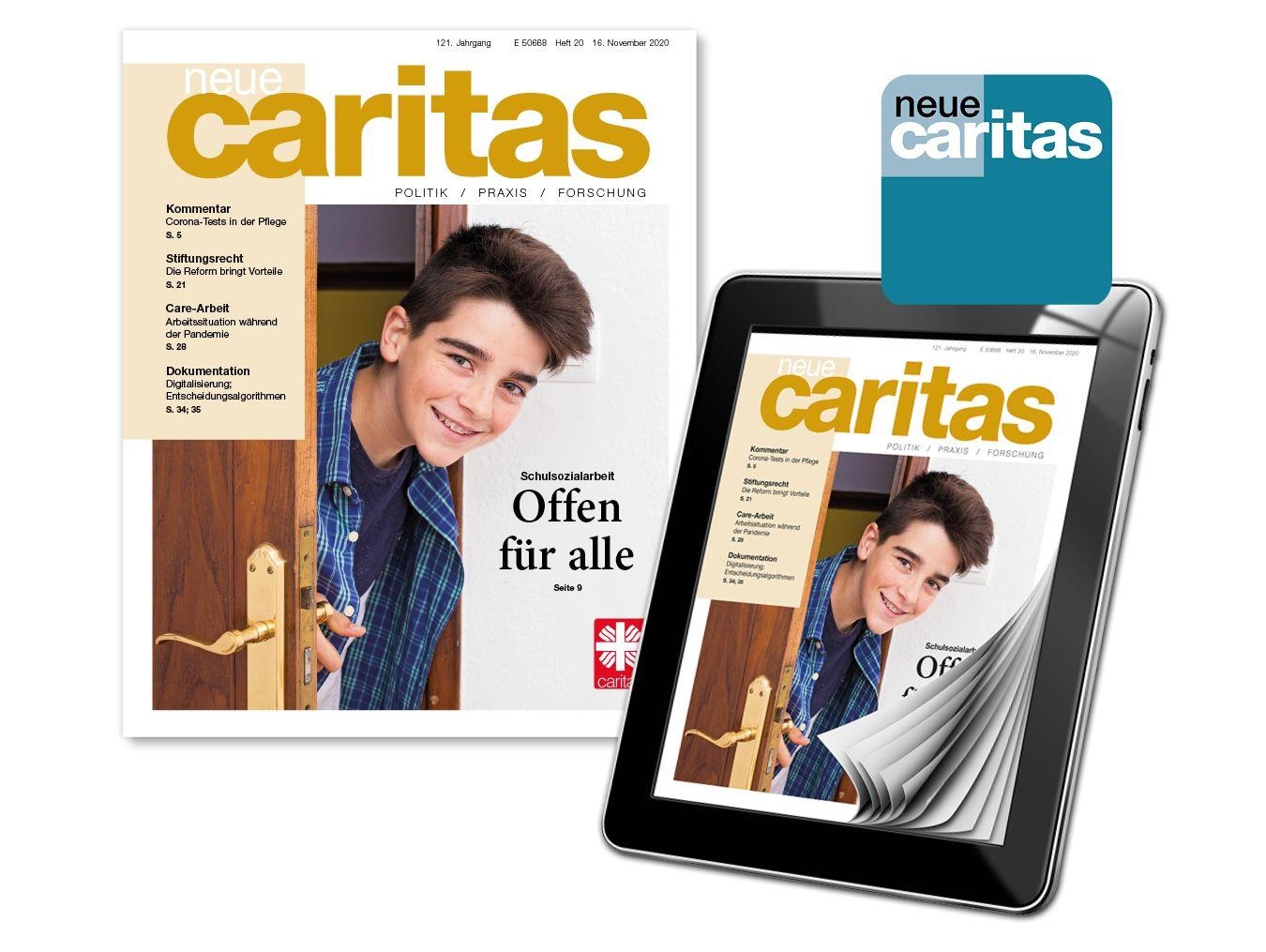 Abbildung des Magazins neue caritas als Heft und Onlineversion auf einen tablet.