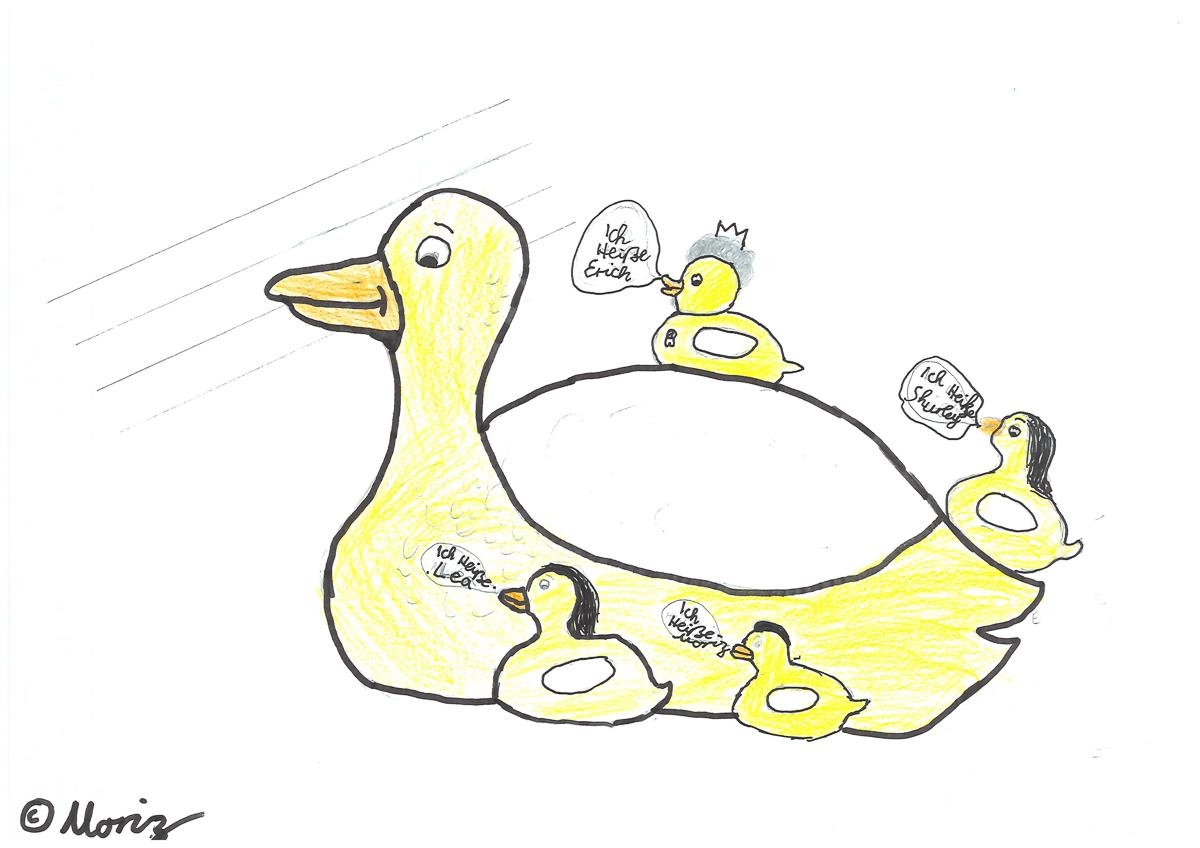 Kinderzeichnung einer großen Ente mit mehreren kleinen Enten (AGkE)