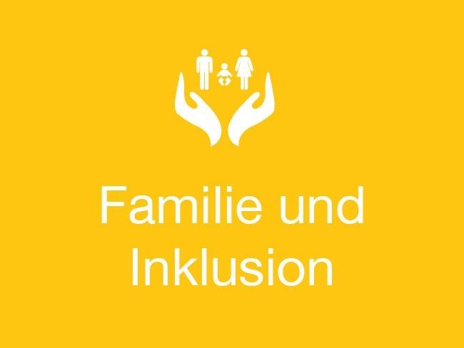 Das Bild zeigt eine gelbe Kachel und verlinkt zu den Angeboten und Hilfen für Familie und Inklusion. 