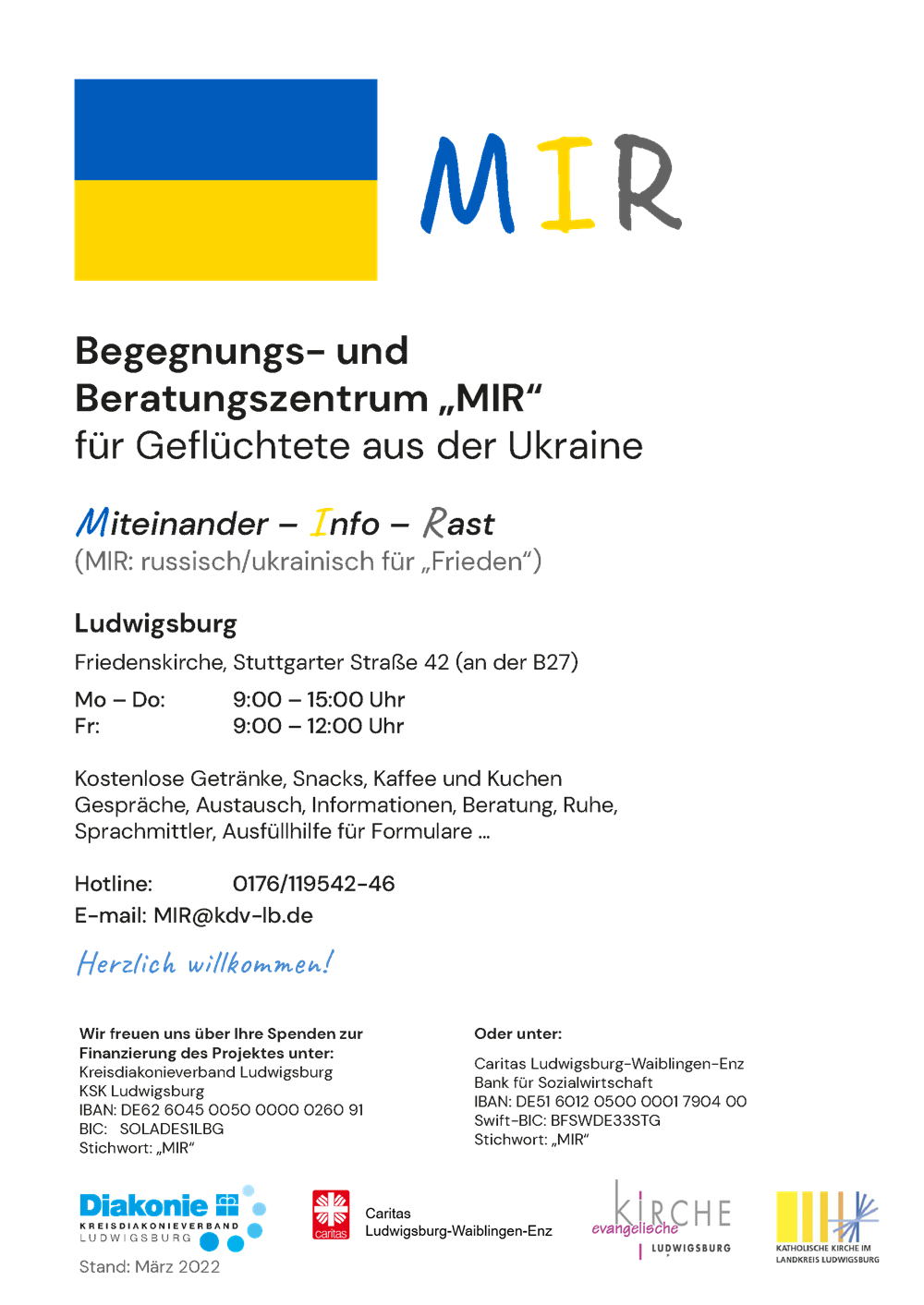 Flyer Bild Begegnungszentrum Mir Friedenskirche Ludwigsburg für ukrainische Geflüchtete auf deutsch