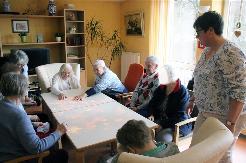 Mehrere ältere Menschen sitzen ám Tisch