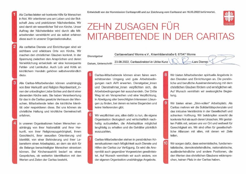 Für den CV Worms gezeichnete "Zehn Zusagen für Mitarbeitende in der Caritas" (© Caritasverband Worms e. V.)