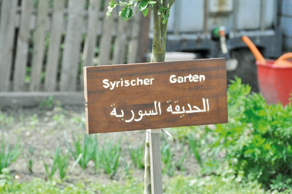 Hinweisschild "Syrischer Garten" in meheren Sprachen (Jürgen Sauer)