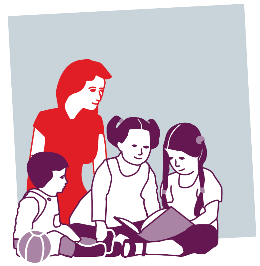 Eine Grafik auf der eine Erzieherin mit zwei Mädchen und einem Jungen zu sehen ist, die alle auf dem Boden sitzen. Die Erzieherin ist in rot gefärbt, die Kinder in der Farbe Aubergine. (Bild: Deutscher Caritasverband e. V.)