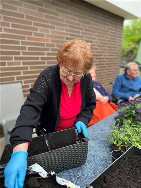 Seniorin bepflanzt einen Balkonkasten im Freien