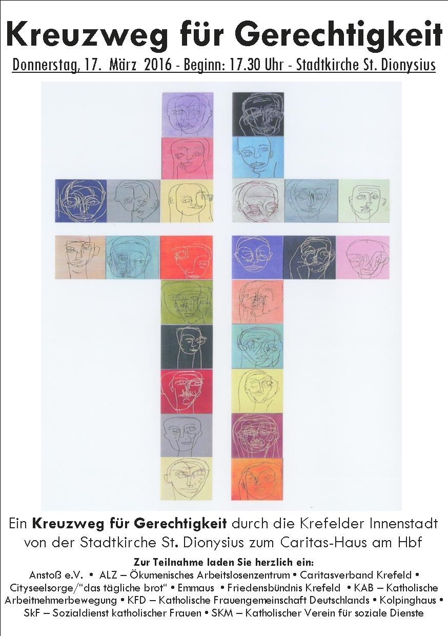Plakat für den Kreuzweg für Gerechtigkeit durch die Krefelder Innenstadt 2016 