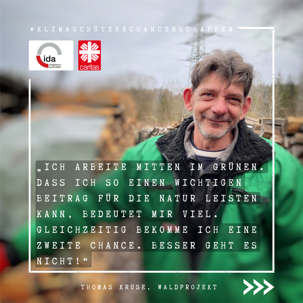 Kachel mit einem Zitat von Thomas Kruse zum Waldprojekt für die Kampagne '#klimaschützenchancenschaffen' der BAG IDA im Mai 2023 (© BAG IDA)