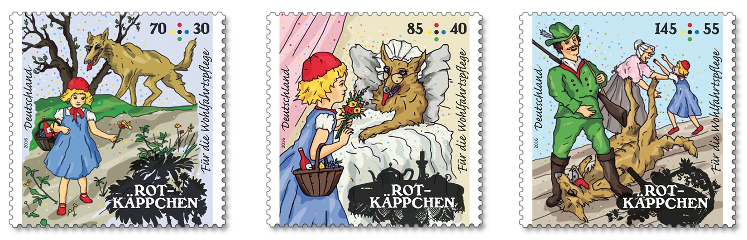 3 Briefmarken mit verschiedenen Motiven aus dem Märchen "Rotkäppchen".