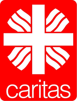 Das Logo der Caritas zeigt ein flammendes Kreuz auf rotem Untergrund.