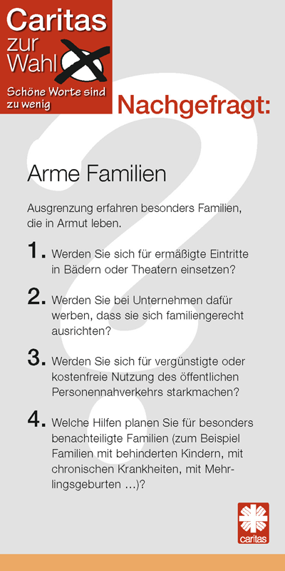 Fragekarte 06 der Check-Karten für den Caritas-Kandidaten-Check zur Kommunalwahl 2014 mit dem Thema Arme Familien (Caritas in NRW)