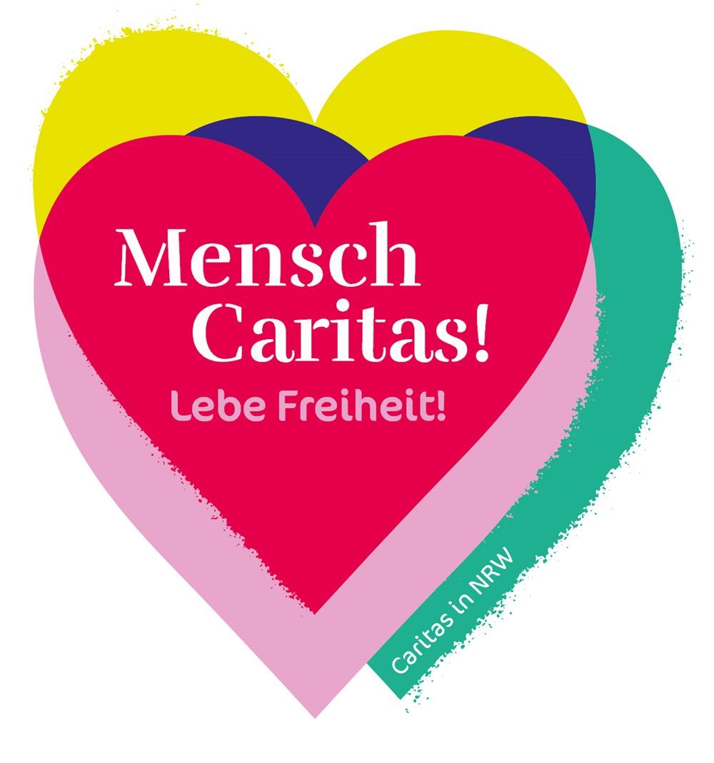 Key-Visual zur Kampagne 'Mensch Caritas! Lebe Freiheit!' mit dem Titel der Kampagne auf einigen farbigen, sich gegenseitig überlagernden Herzen