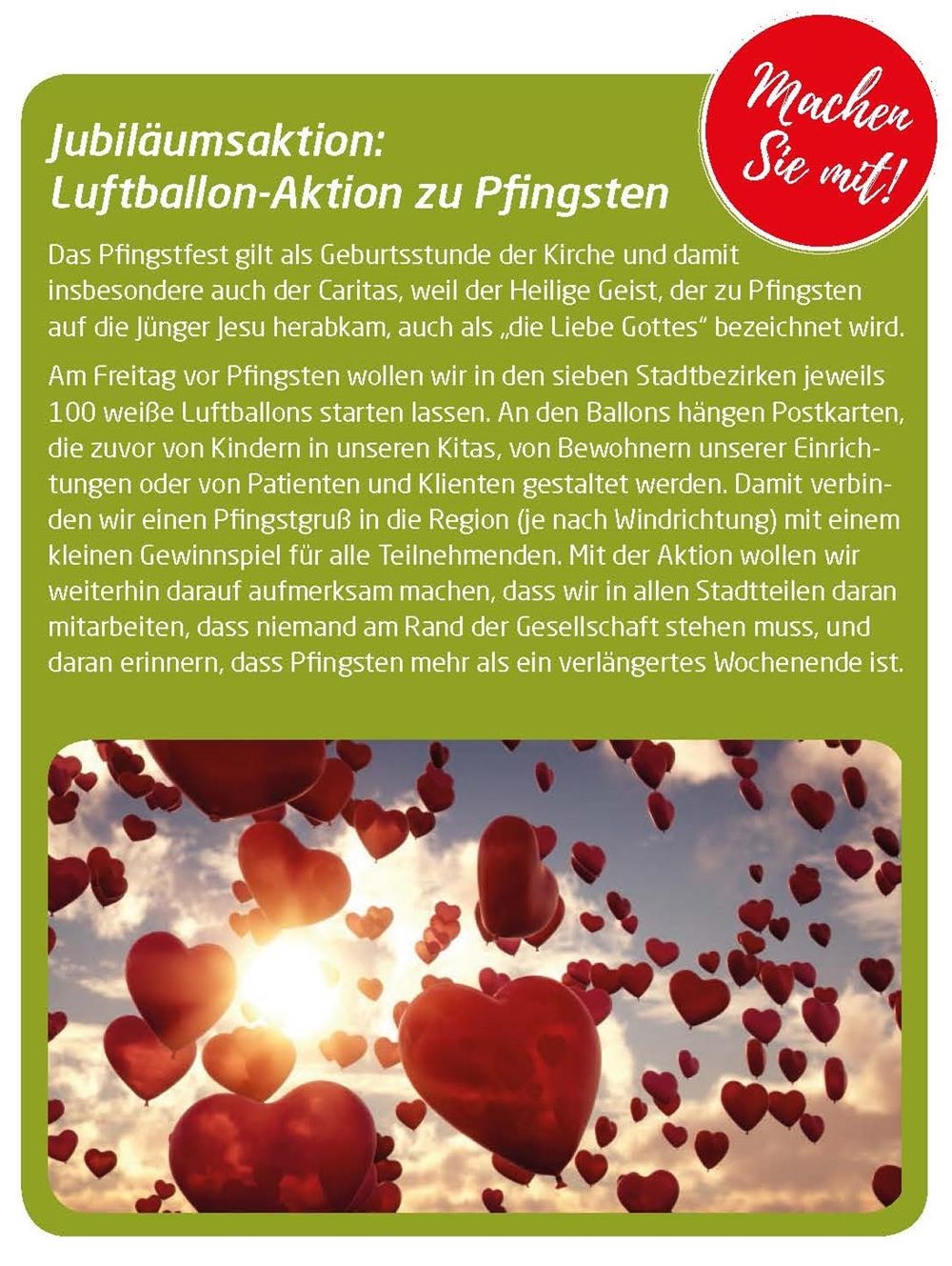 Rote Herz-Luftballons steigen in den leicht bewölkten Himmel (Caritas Hamm)