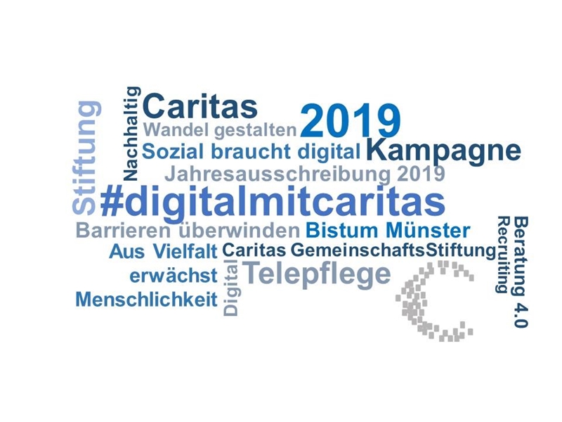 Dile Grafik zeigt eine Word-Cloud zur Caritas-Jahreskampagne Sozial braucht digital.