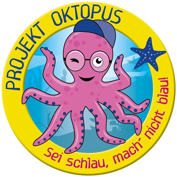 Gelb-blaues, rundes Logo des Projekts Oktopus mit dem Untertitel Sei schlau, mach nicht blau