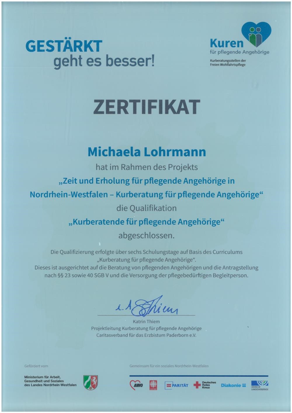 Zertifikat Michaela Lohrmann