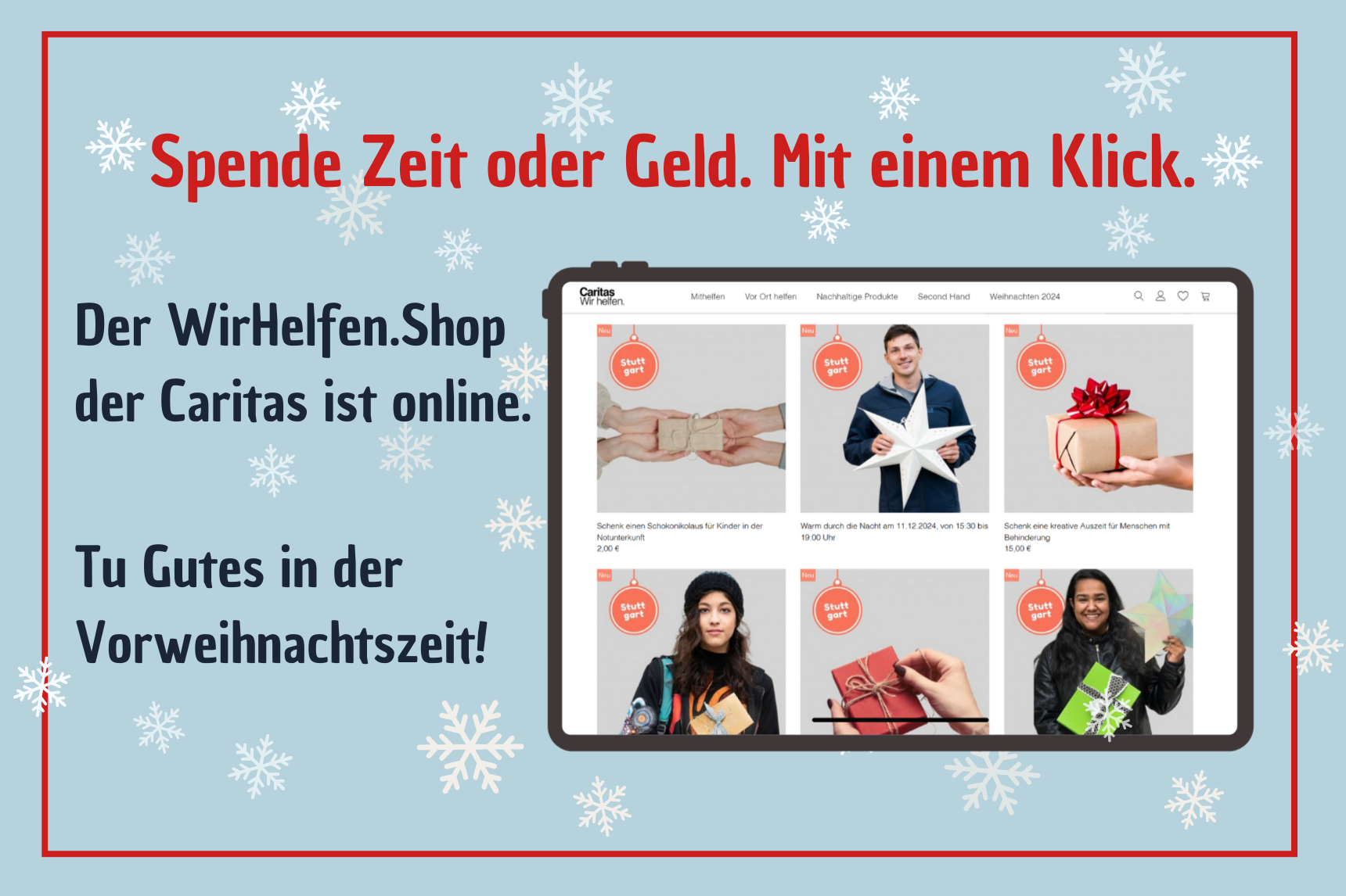 Aufruf zur Spende im Wir helfen Shop der Caritas