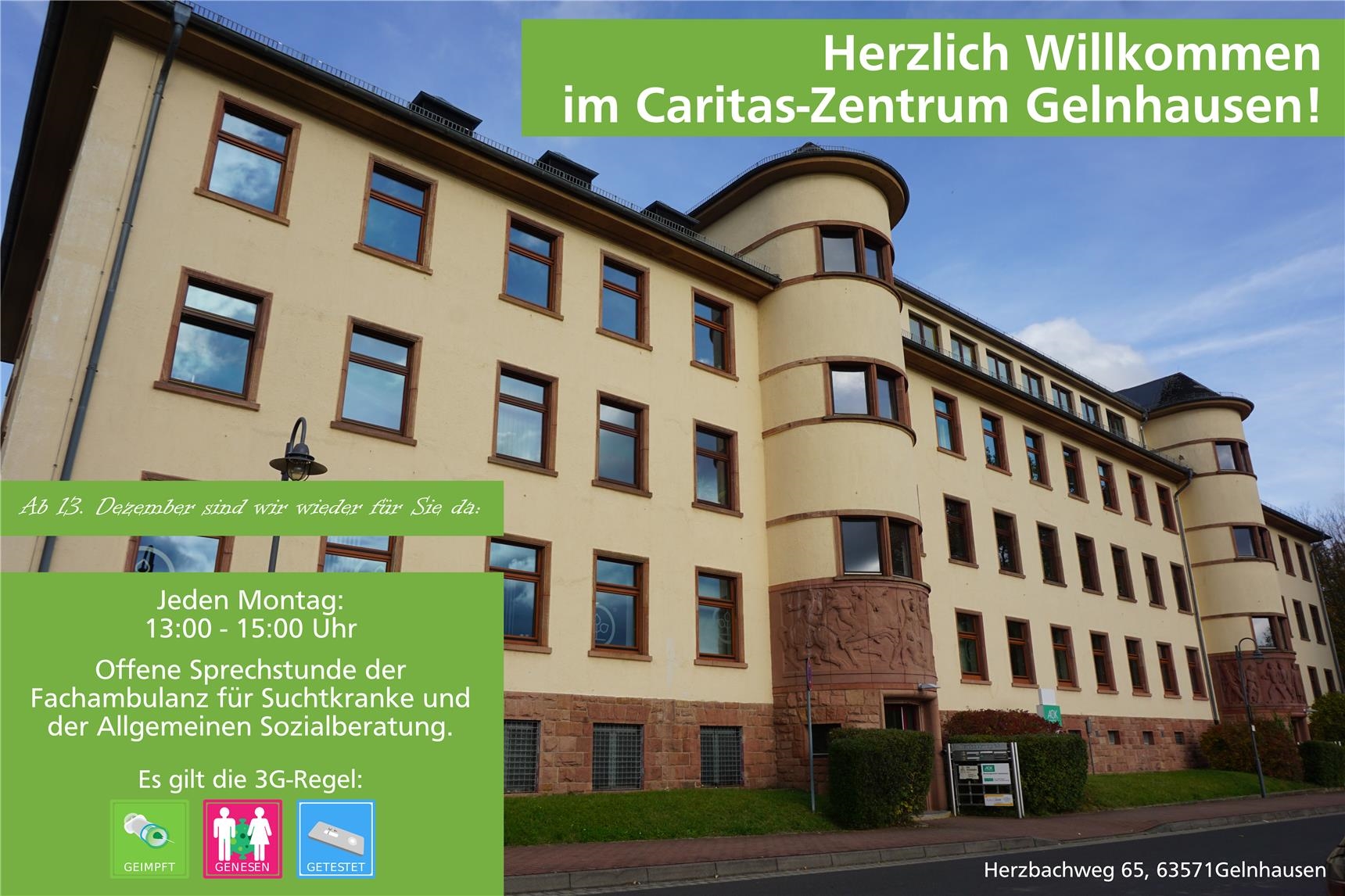 Ab dem 13.12. finden immer montags, zwischen 13 und 15 Uhr, die offenen Sprechstunden der Fachambulanz für Suchtkranke und der Allgemeinen Sozialberatung im Caritas-Zentrum Gelnhausen statt.