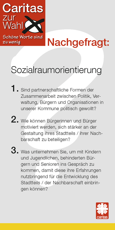 Fragekarte 22 der Check-Karten für den Caritas-Kandidaten-Check zur Kommunalwahl 2014 mit dem Thema Sozialraumorientierung (Caritas in NRW)