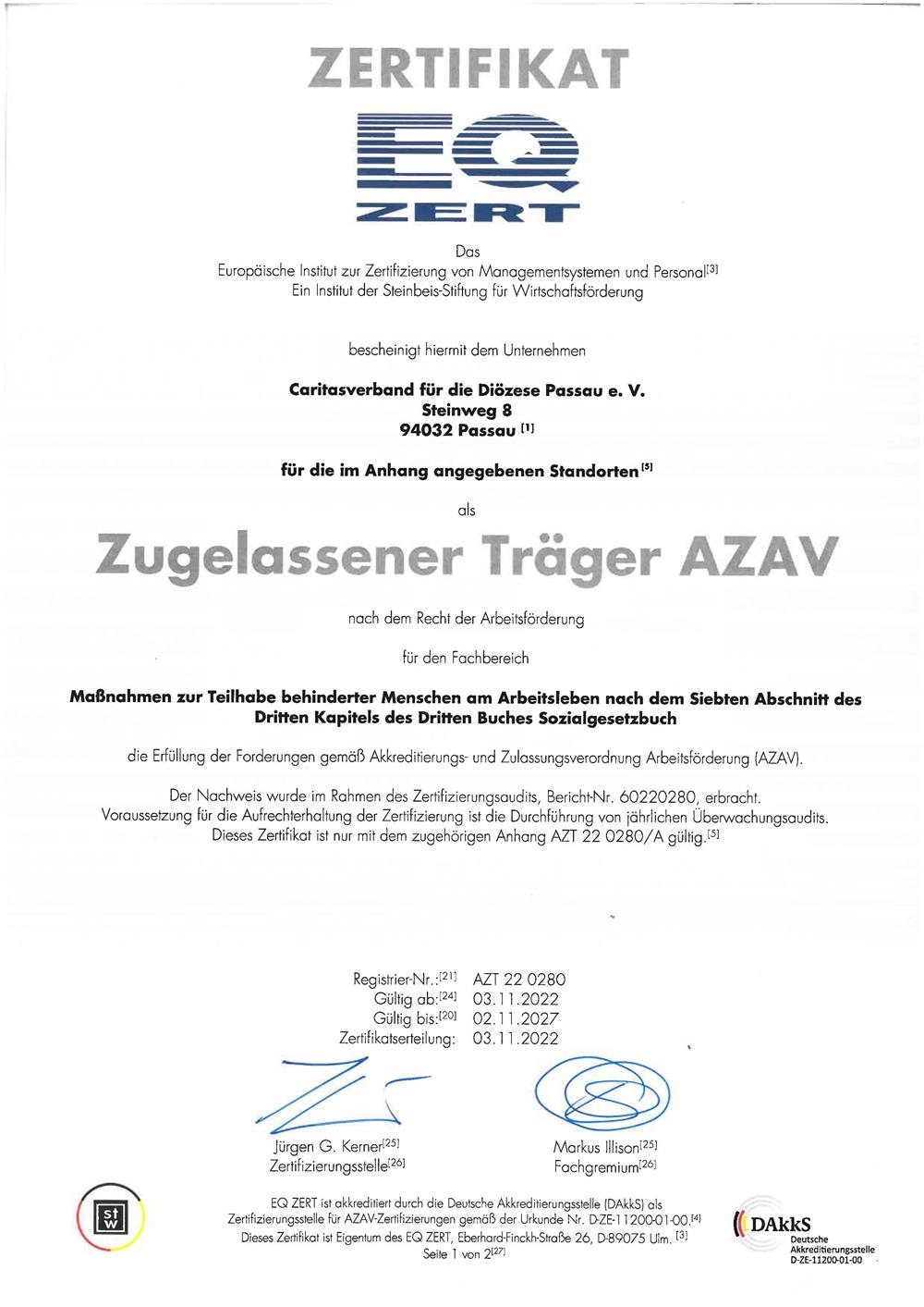 Zertifikat AZAV - Seite 1