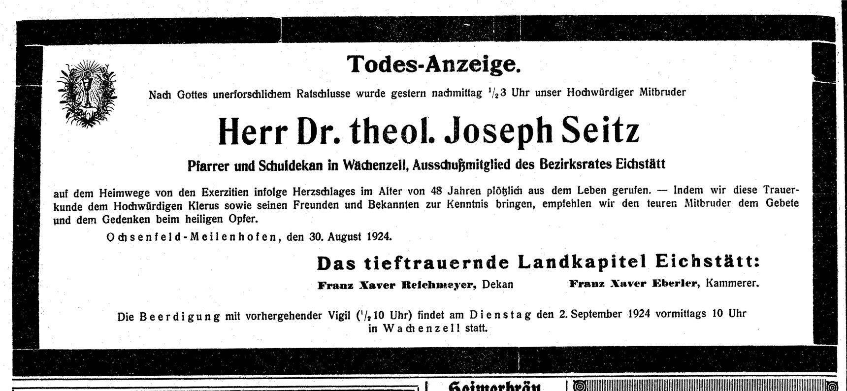 Todesanzeige im Eichstätter Volksblatt am 30. August 1924 (Archiv)