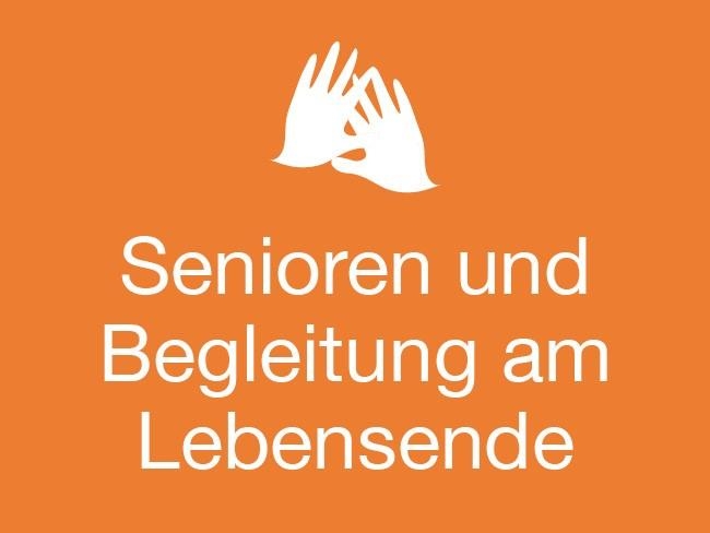 Das Bild zeigt eine orange Kachel mit der Aufschrift Senioren und Begleitung am Lebensende und verlinkt mit den entsprechenden Hilfeangeboten der Caritas