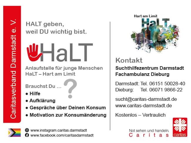 Postkarte zum Projekt "HaLT - Hart am Limit", einem Projekt für Jugendliche, die zu viel Alkohol konsumieren (Design Social-Media-Team des Caritasverbandes Darmstadt)