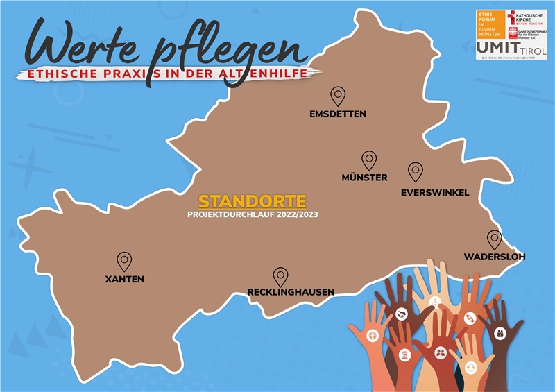 Die Grafik zeigt auf einer Karte der Diözese Münster die acht Standort des Projekts Werte pflegen