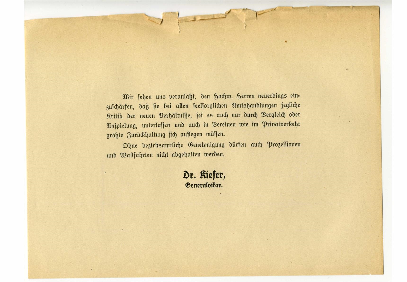 Blatt mit Anweisung (Pastoralblatt für die Diözese Eichstätt, 1933)