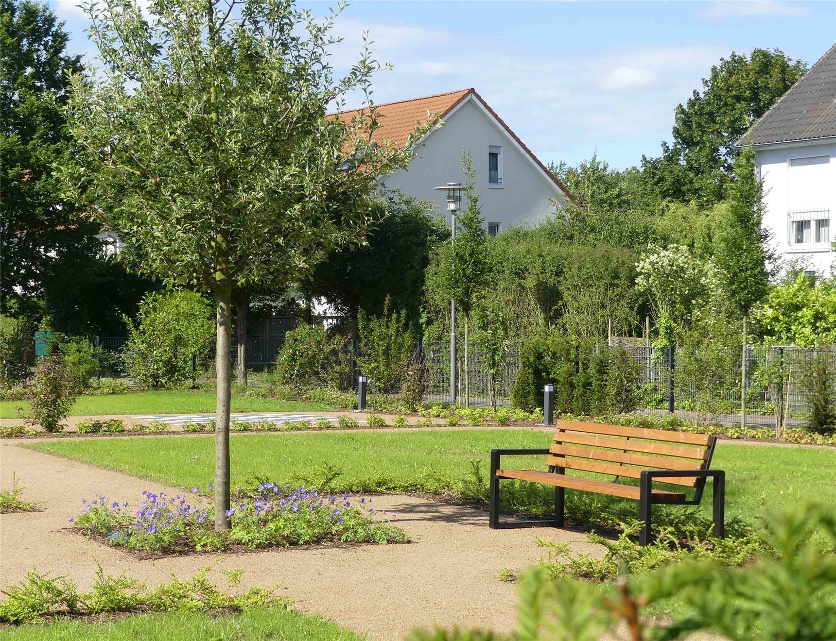 Ein geharkter Weg führt zu einer Ruhebank im Garten, die vor einem neu gepflanztem Baum steht. (Foto: © Caritas Offenbach / Sabine Schilha)