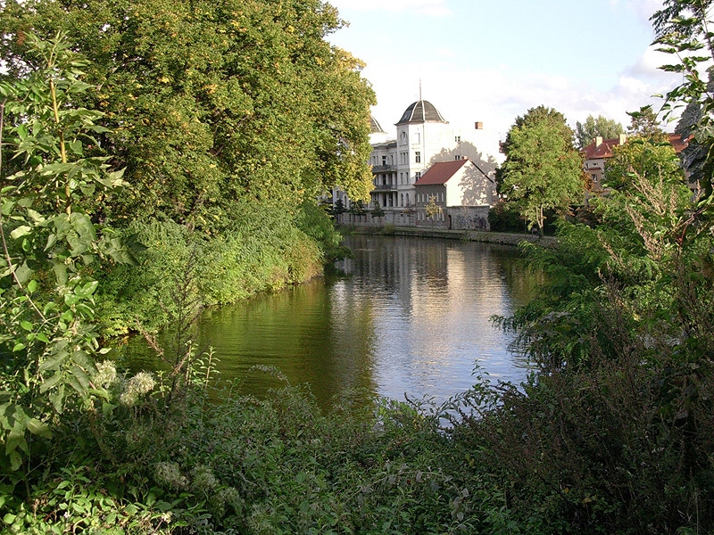 Grün bewachsene Wasserlandschaft mit herrschaftlichem Haus hinter dem Seniorenzentrum St. Benedikt. 