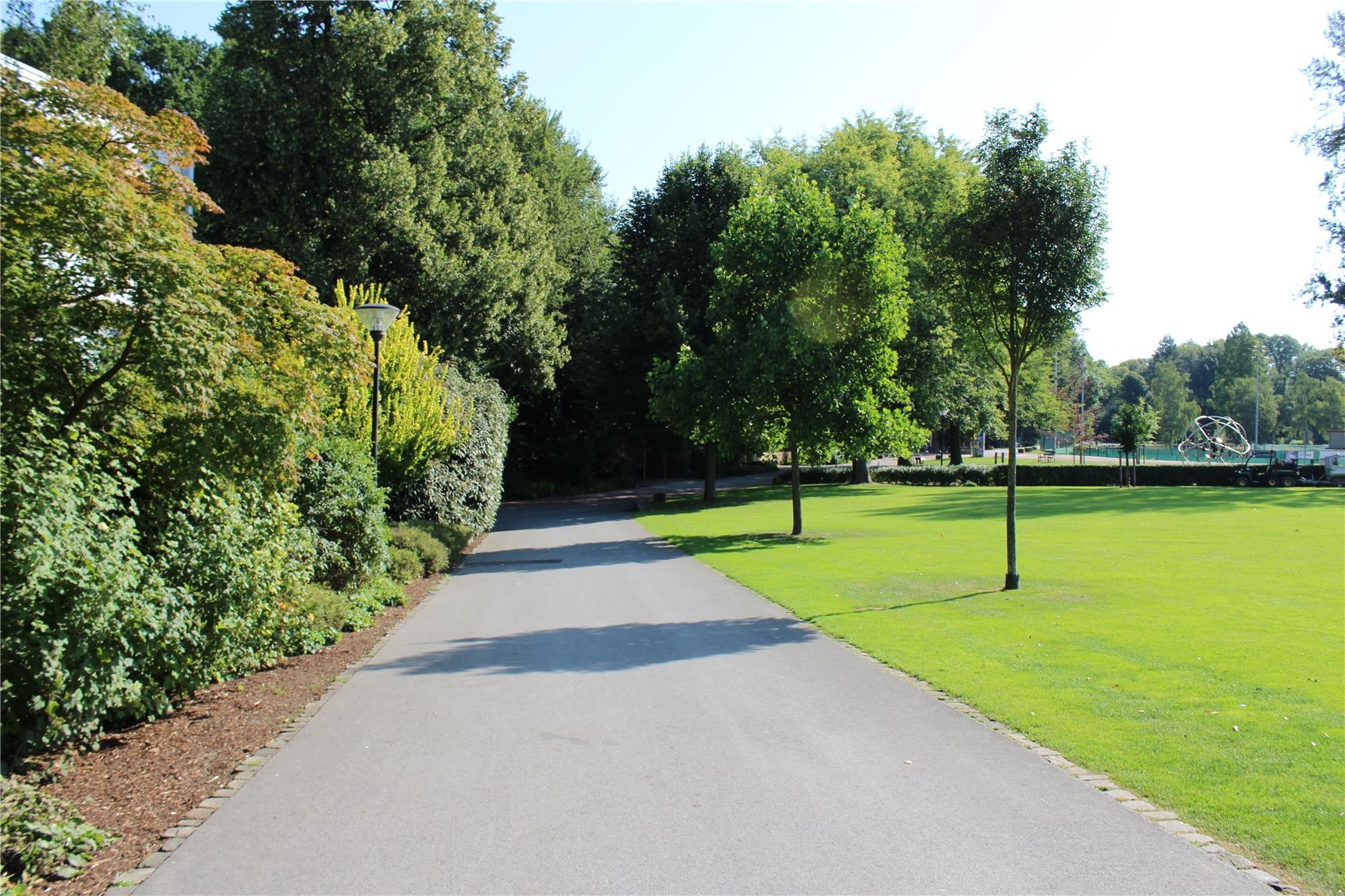 Ein Weg führt durch eine Parklandschaft. 