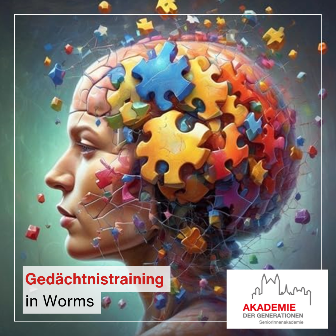 Kopfprofil mit bunten Puzzleteilen im Gehirnbereich – Gedächtnistraining in Worms.