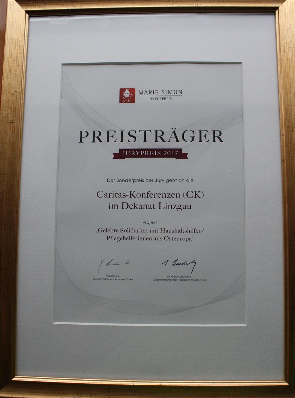 Urkunde „Sonderpreis zum Marie-Simon-Pflegepreis“